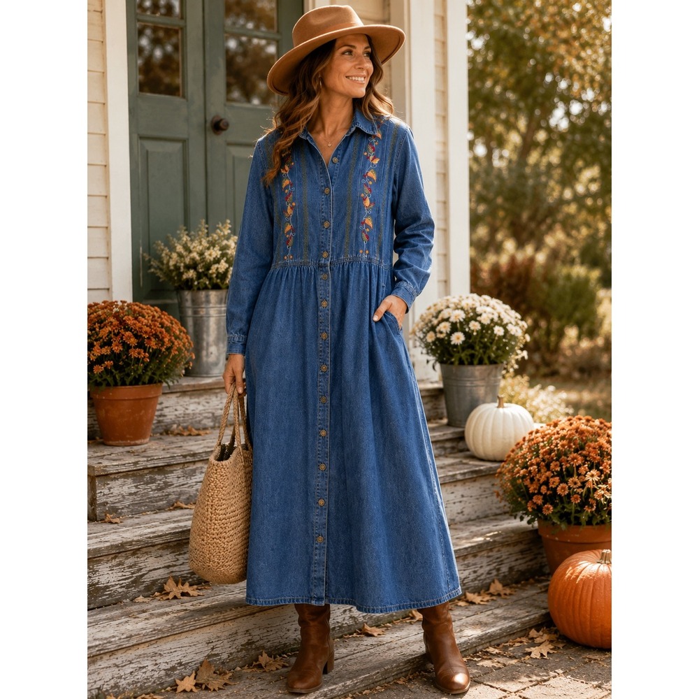 Erika & Co Vintage Denim Maxi Dress XL Blue Embroidered Floral Button Front Long